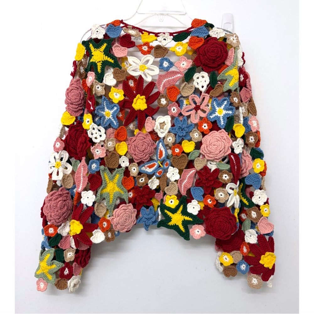 Alice + Olivia Fawn Collage Crochet Cardigan Sweater Cotton Floral XS S - Picture 9 of 14